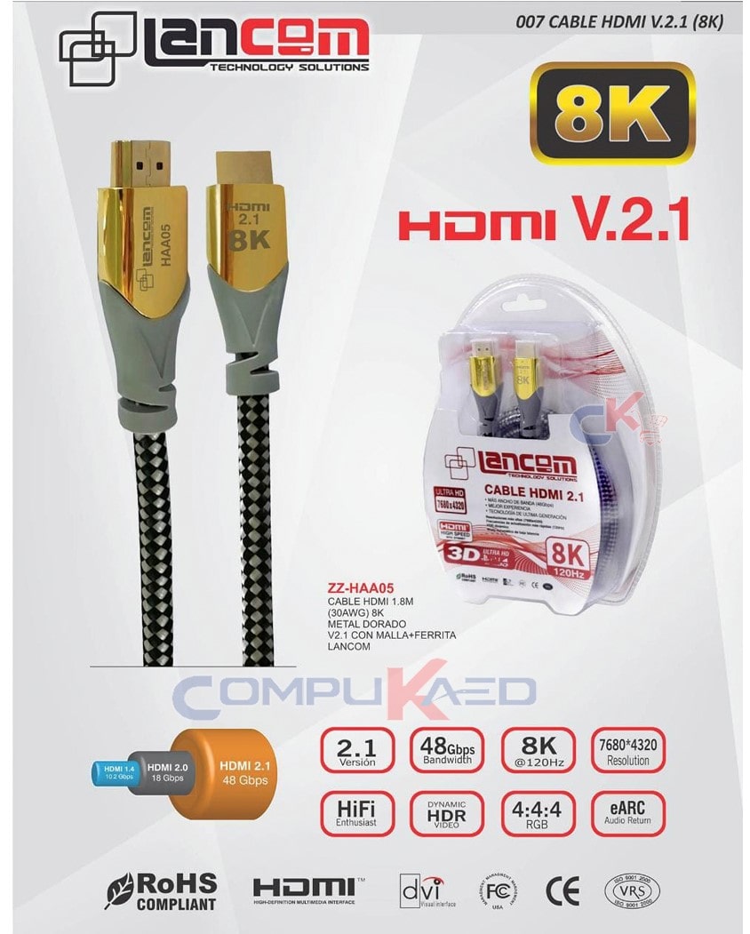 CABLE HDMI 2.1 DE 1.80 METROS ULTRA HD 4K A 120HZ Y EN 8K A 60HZ LANCOM –  Compukaed