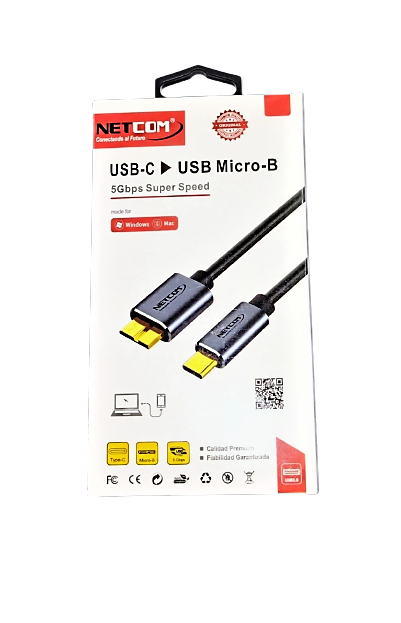 CABLE USB 3.1 TIPO C A MICRO B PARA DISCO DURO EXTERNO Y MAS DE 30  CENTIMETROS CON CONECTORES DE ALUMINIO NETCOM – Compukaed